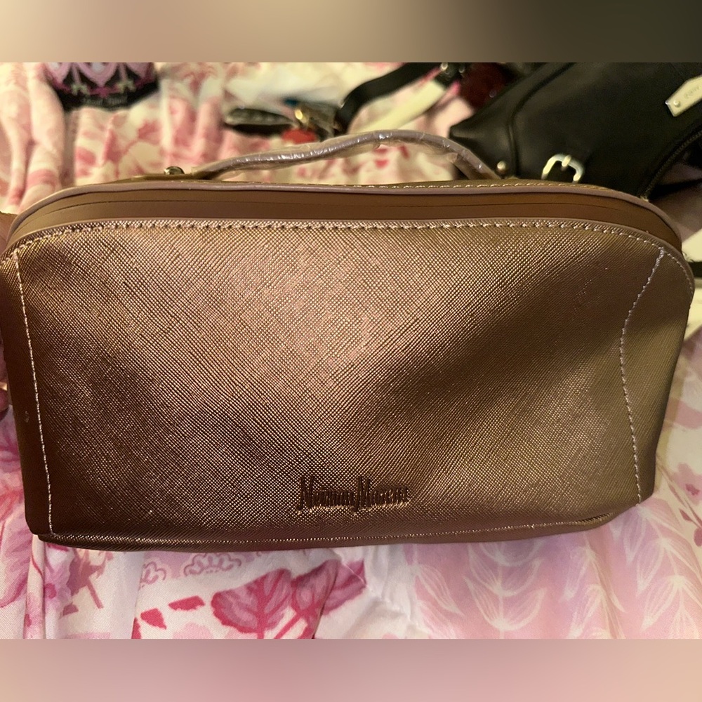 Neiman Marcus Brown Cosmetic Bag with Textured Leather and Zipper Closure